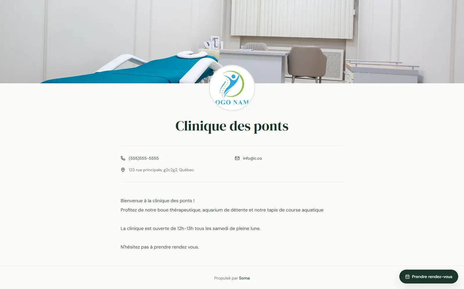 Mini-site public Soma présentant une clinique et ses services.