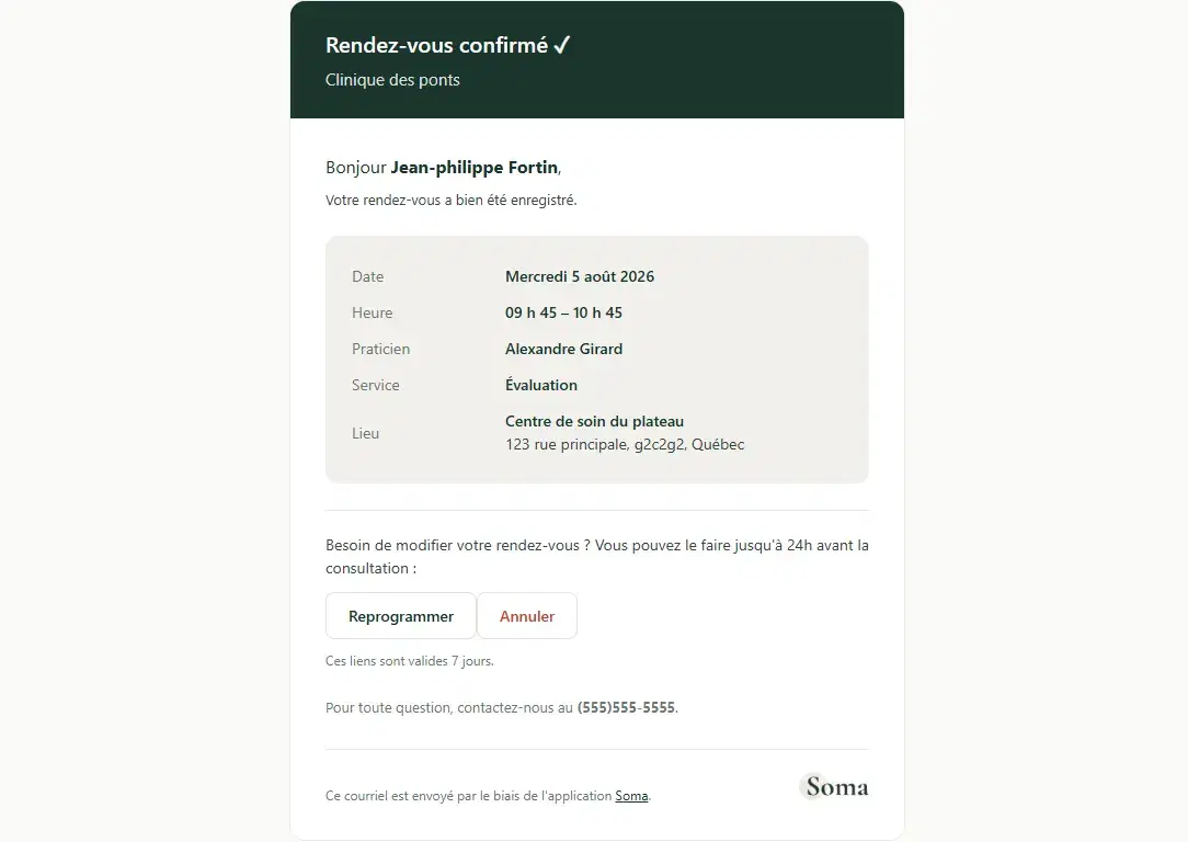 Courriel de confirmation de rendez-vous envoyé automatiquement par Soma.