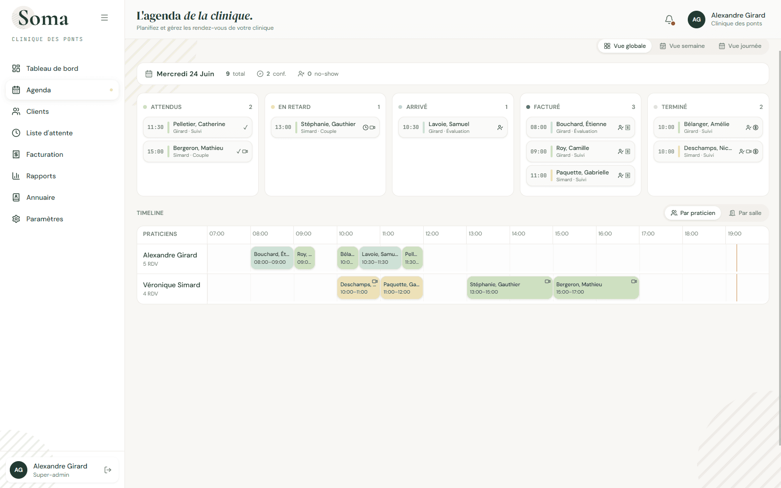 Vue globale de l’agenda Soma regroupant les rendez-vous par statut et par praticien.